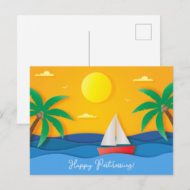 Paper Craft Sunset Ocean Sailing Postcard (Front/Back)