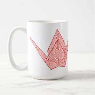 Paper crane with red hearts and flower pattern coffee mug