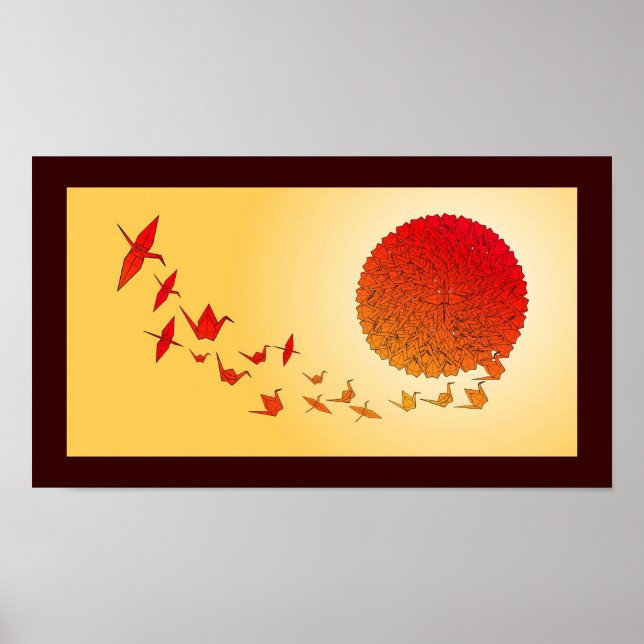 Paper cranes forming into the rising sun. poster (Front)