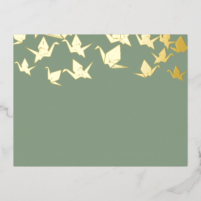 Paper Cranes Green Gold Foil Invitation Postcard (Front)