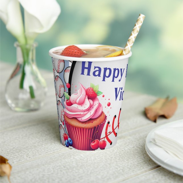 Paper Cup Blue White Stripe Birthday Baseball (Insitu)