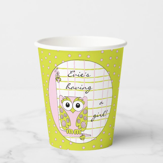Paper Cups "Pink/Green Owl" 8 oz. (Front)