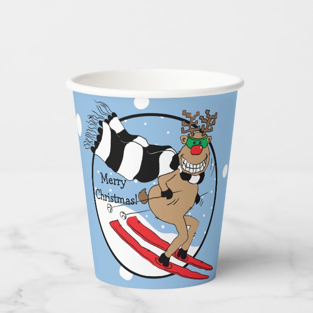 Paper Cups "Rudolph Skiing"  8 oz. (Front)