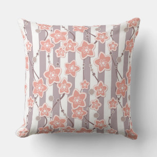 paper cut coral flowers on striped beige white bac outdoor pillow