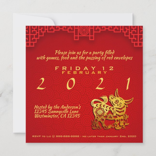 Paper-cut Ox Chinese Year Stylized lanterns PInv Announcement (Front)