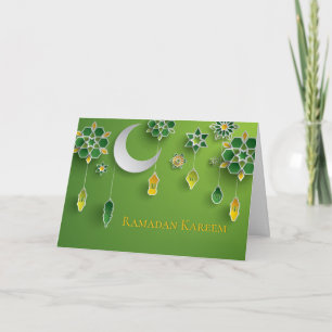 Paper cut Ramadan Lanterns, Moon, Flowers, Green Card