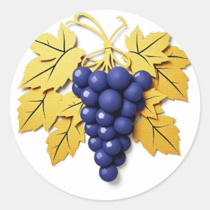 Paper Cut Style Cluster of Grapes with Elegant  Classic Round Sticker