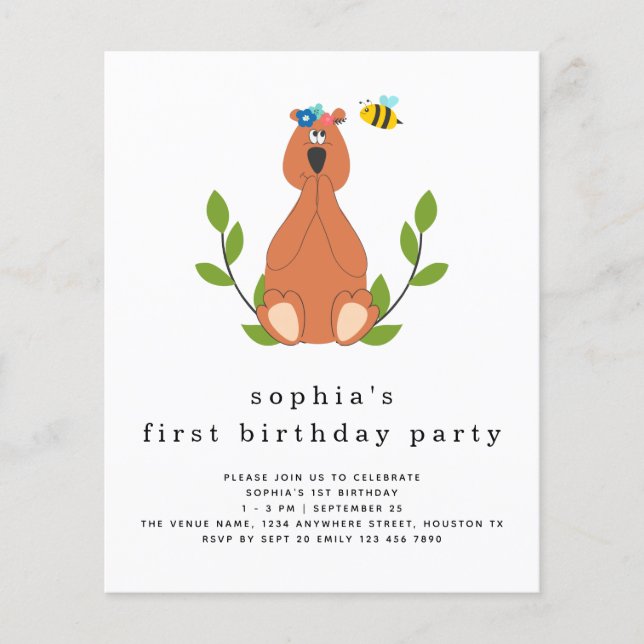 PAPER | Cute Bear Bee 1st Birthday Party Invite (Front)