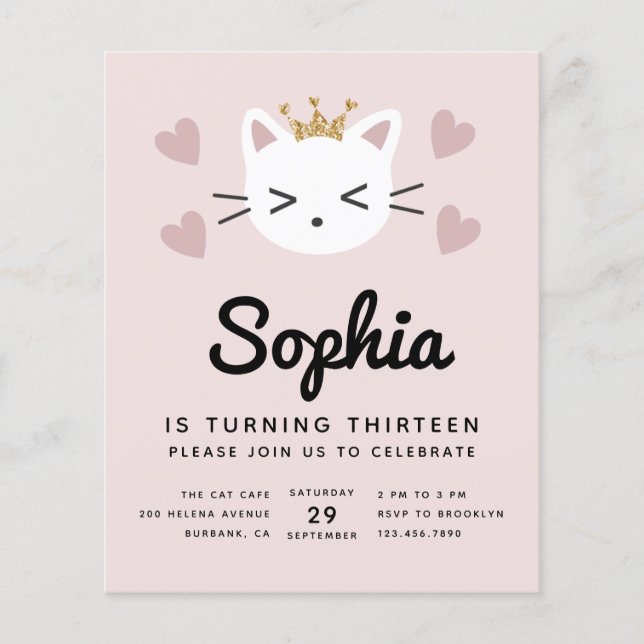 PAPER Cute Cats Pink Budget Birthday Party Invite (Front)