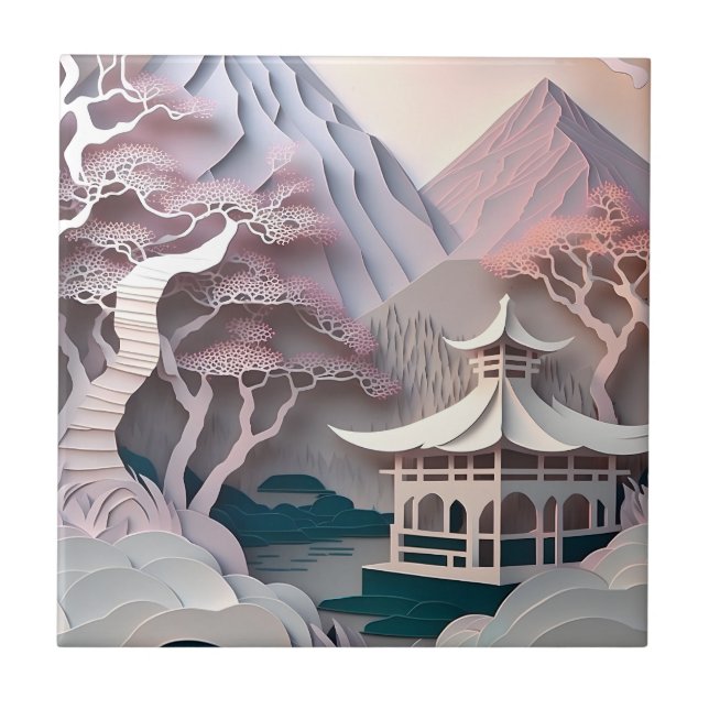 Paper Cutout Pavilion Landscape Ceramic Tile (Front)