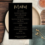 PAPER Elegant Gold Script Black Wedding Menu<br><div class="desc">PAPER Elegant Gold Script Black Wedding Menu A value for money paper alternative in classic black and gold.. With a stylish set script for Menu and easily personalize the rest of the text. The font colours can be changed via the edit menu. You can also change background colours on each...</div>