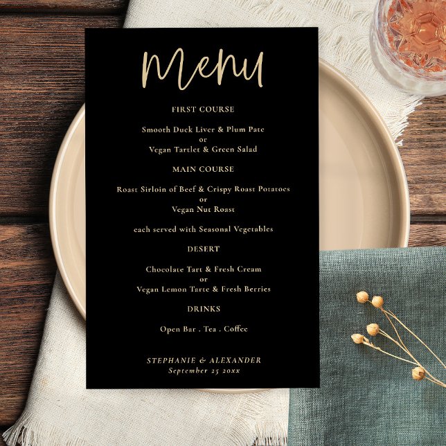 PAPER Elegant Gold Script Black Wedding Menu (Creator Uploaded)