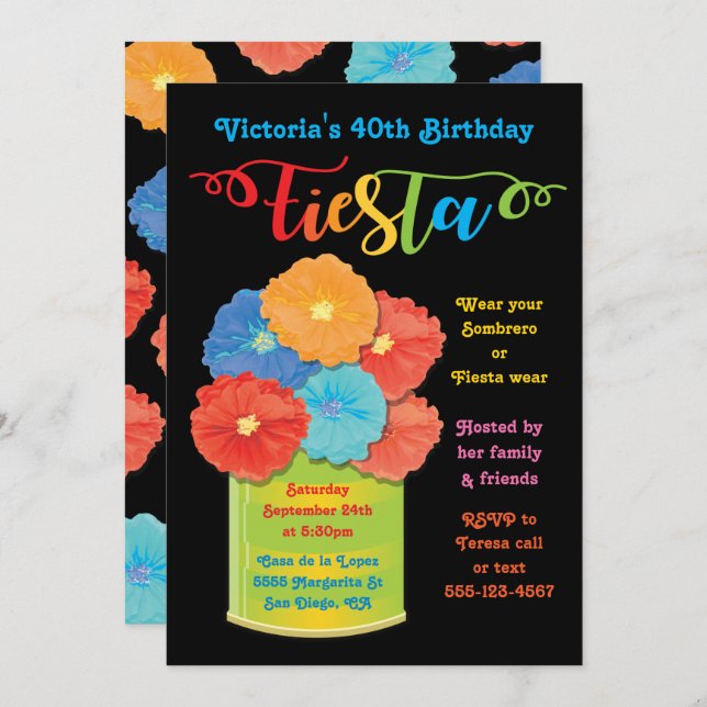 Paper flower Can Fiesta Birthday Party Invitation (Front/Back)