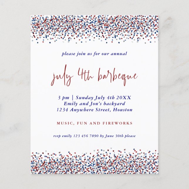 PAPER | Glitter Red Blue White 4th July BBQ Invite (Front)