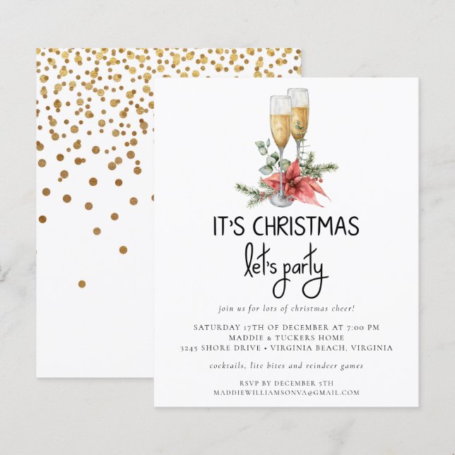 Paper | Gold Confetti Champagne Let's Party Invite (Front/Back)