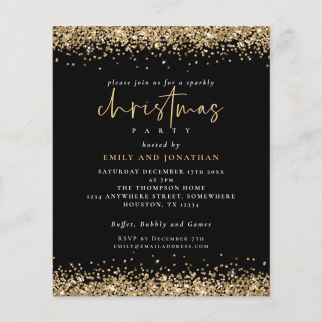 PAPER | Gold Glitter Christmas Party Black Invite (Front)