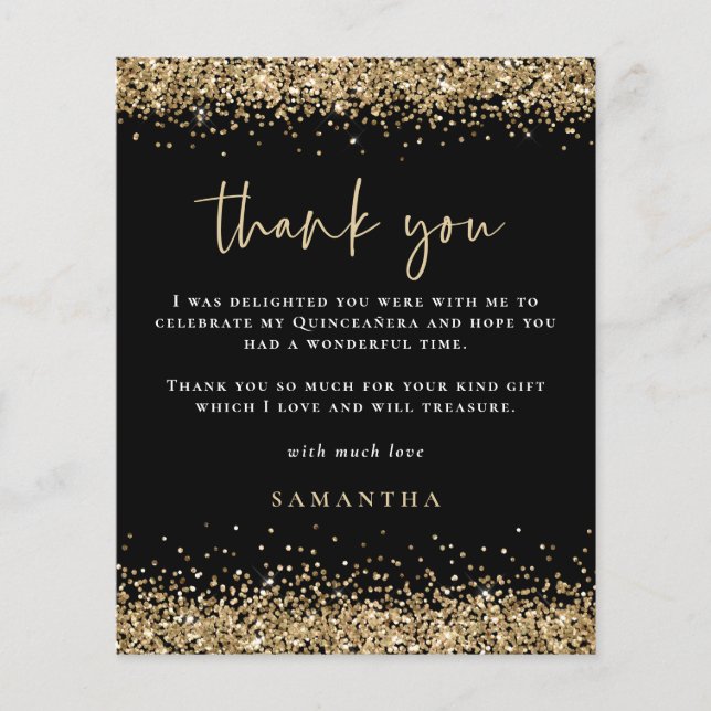 PAPER Gold Glitter Quinceañera Party Thanks Black (Front)