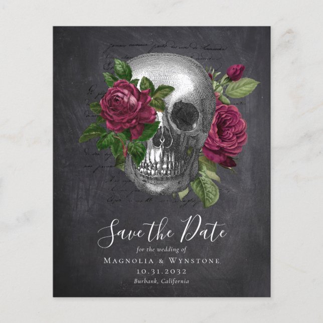 PAPER Gothic Save the Date | Slate Skull Roses (Front)