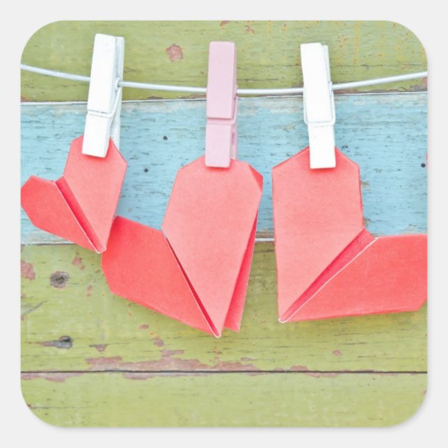 Paper Heart Hanging On The Clothesline Square Sticker (Front)