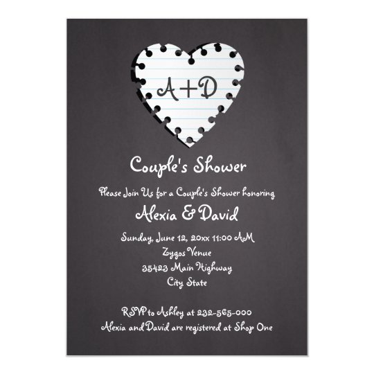 Paper heart on chalkboard wedding couples shower card