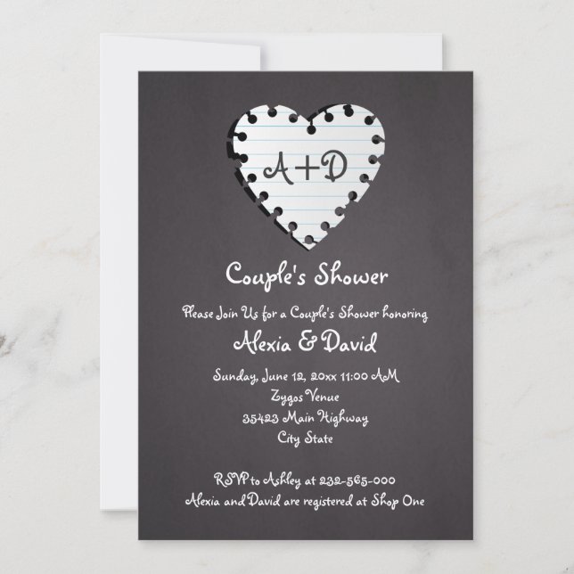 Paper heart on chalkboard wedding couples shower invitation (Front)