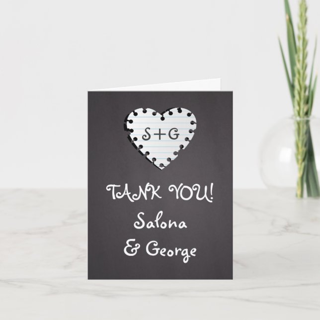 Paper heart on chalkboard wedding Thank You photo (Front)
