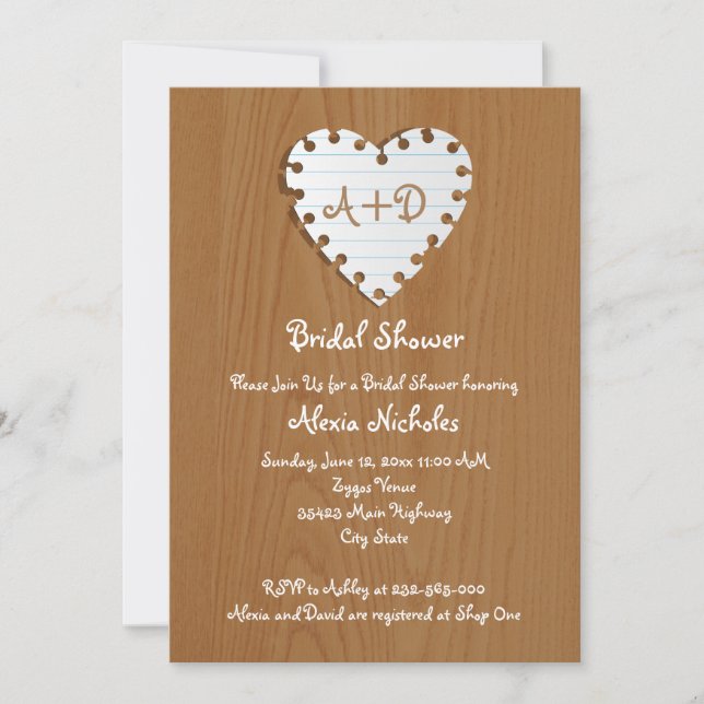 Paper heart on wood wedding bridal shower invitation (Front)