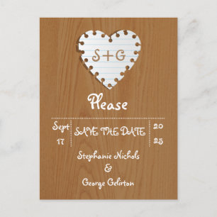 Paper heart on wood wedding Save the Date Announcement Postcard