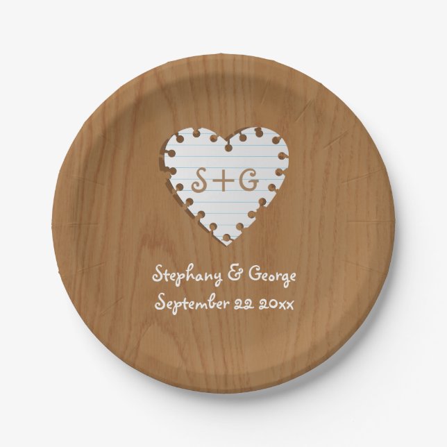 Paper heart on wood with monogram wedding plate (Front)