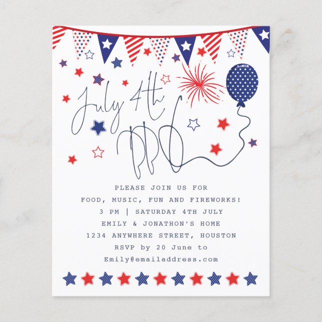 PAPER July 4th Red White Blue Stars Script Invite (Front)