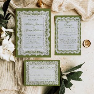 Paper Lace Olive Green Old Money Doily Wedding Invitation