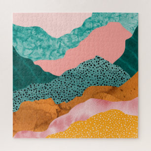 Paper landscape, ripped, torn edges, greens, rust, jigsaw puzzle