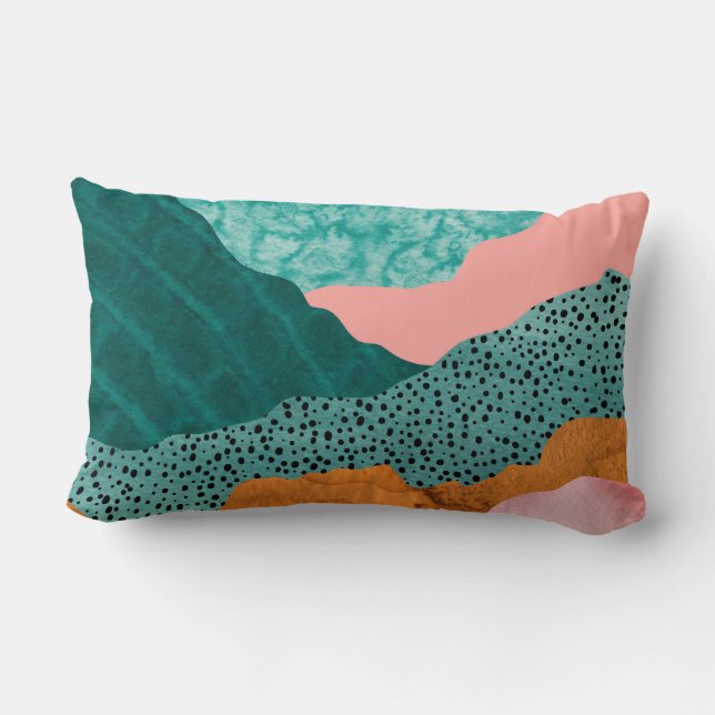 Paper landscape, ripped, torn edges, greens & rust lumbar pillow (Back)
