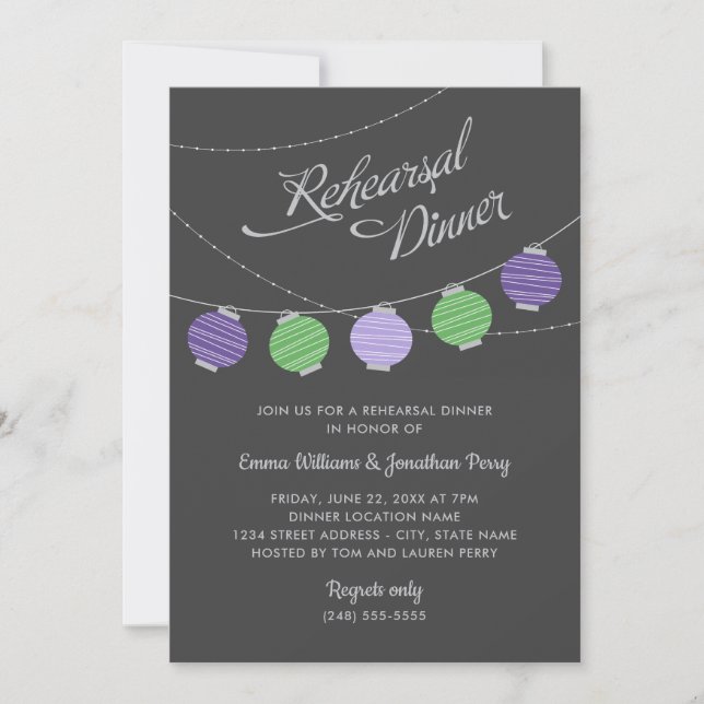 Paper Lanterns Purple Green Rehearsal Dinner Invitation (Front)