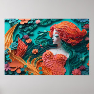 Paper mermaid in a coral reef poster