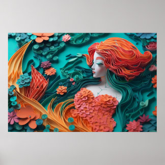 Paper mermaid in a coral reef poster
