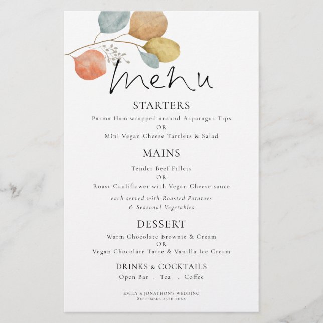 PAPER | Modern Watercolor Foliage Wedding Menu (Front)