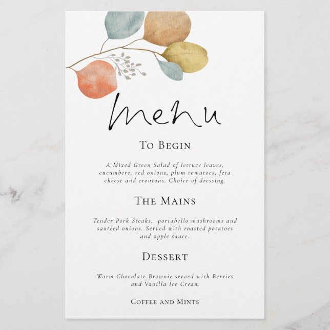 PAPER | Modern Watercolor Leaves Wedding Menu (Front)