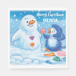 Paper napkin cute Christmas penguin and snowman