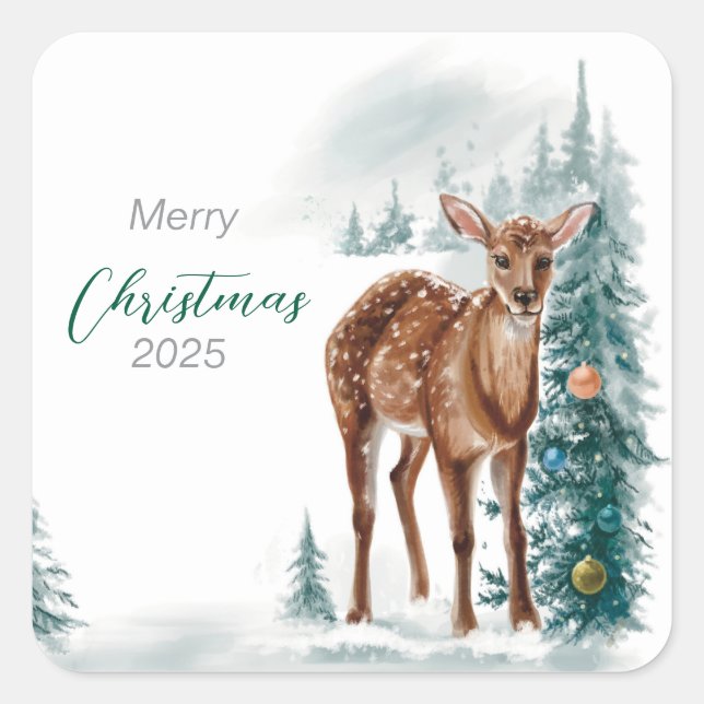 Paper Napkin 	Doe and Christmas Trees Square Sticker (Front)