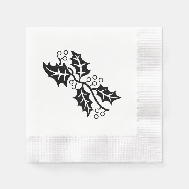 Paper Napkin - Holly Leaves in Black and White (Front)