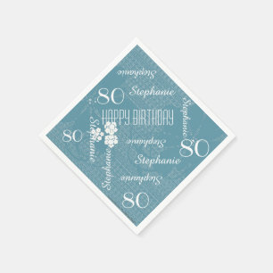 Paper Napkins, 80th Birthday Party, Blue Floral Napkin