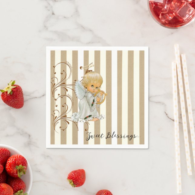 Paper Napkins, Beige & White Stripe Angel Blessing Napkin (Insitu)