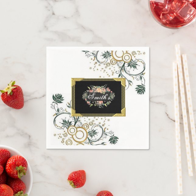 Paper Napkins, Black Floral Flowers Monogram Napkin (Insitu)