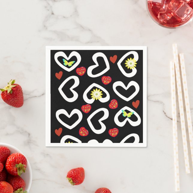 Paper Napkins, Black White Hearts Napkins (Insitu)
