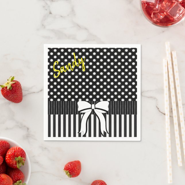 Paper Napkins, Black White Polkadot Stripe Bow Napkin (Insitu)