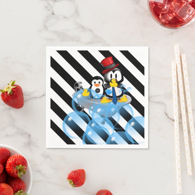 Paper Napkins, Black & White Stripes Penguin Napkin (Insitu)