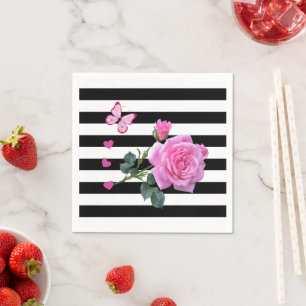Paper Napkins, Black & White Stripes Pink Rose Napkin