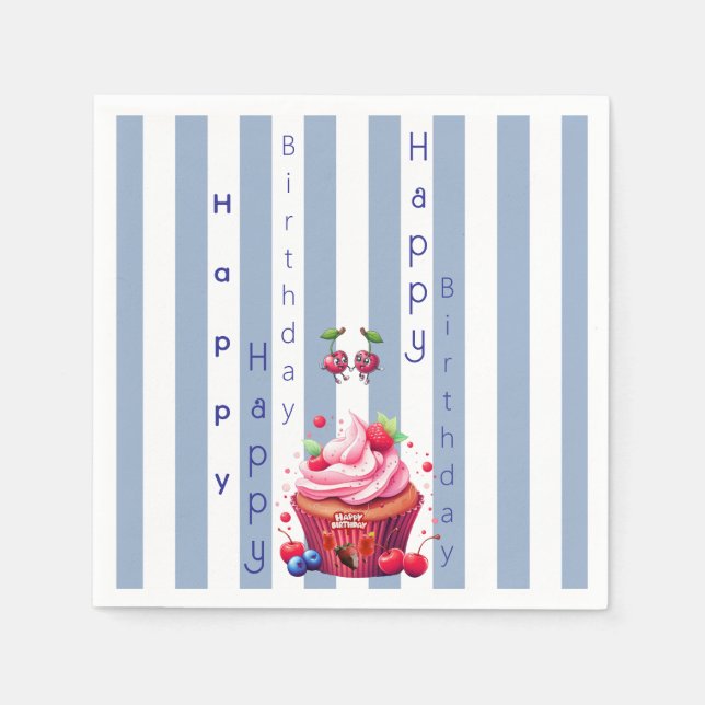Paper Napkins Blue & White Stripe Happy Birthday (Front)