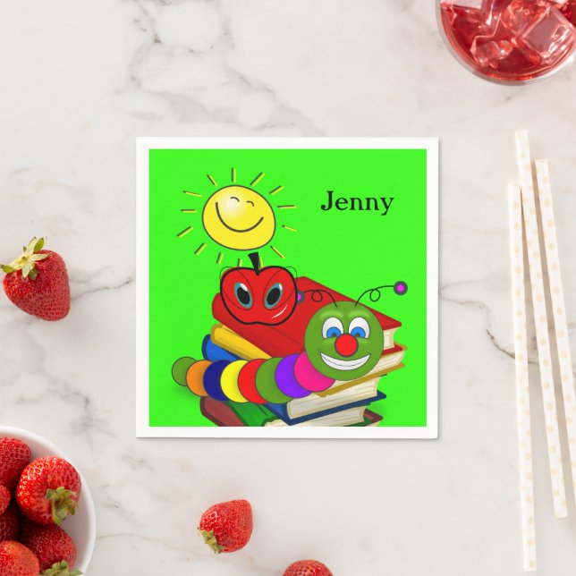 Paper Napkins, Bookworm, Books, Apple, Green Napkin (Insitu)